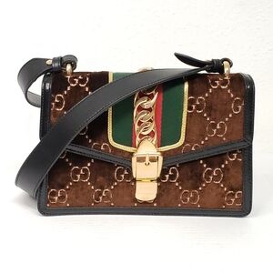 Authentic Gucci Sylvie Leather Brown and Green Shoulder Bag 585-100525